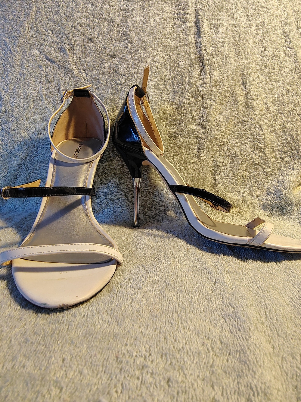 Express Black and White Patent Stiletto Sandals